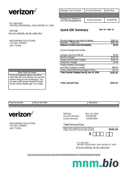 Szablon rachunku za media Biznesowe w USA Verizon w formatach Word i PDF